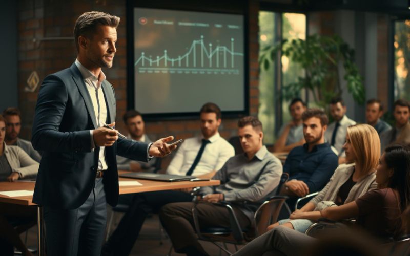 a business man giving speech to other employees with a mobile phone in the hand