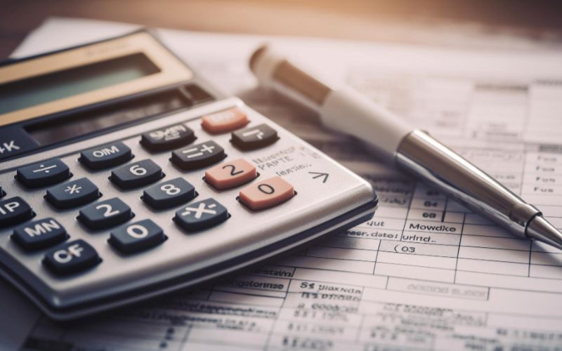A tax calculator and pen on tax forms, aiding in the calculation and completion of tax-related paperwork.