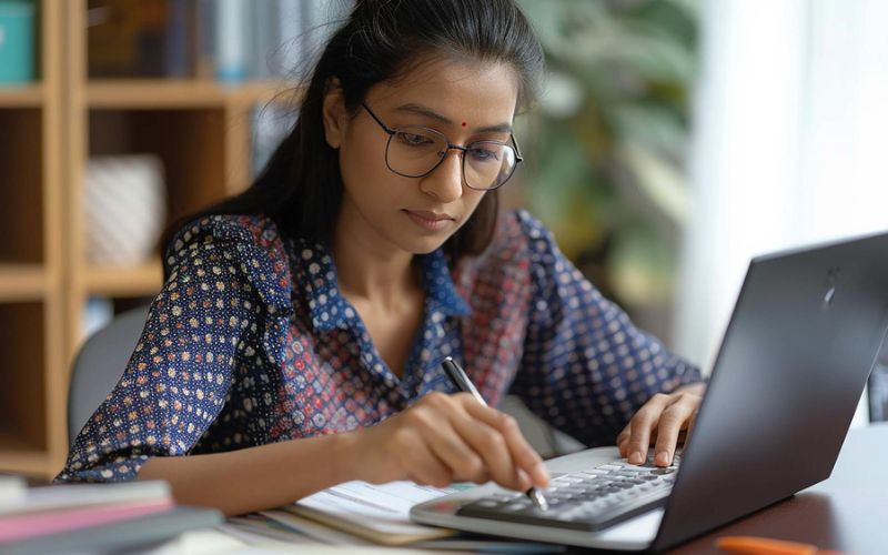 A woman with glasses typing on a laptop, engaged in accounting and taxation tasks.